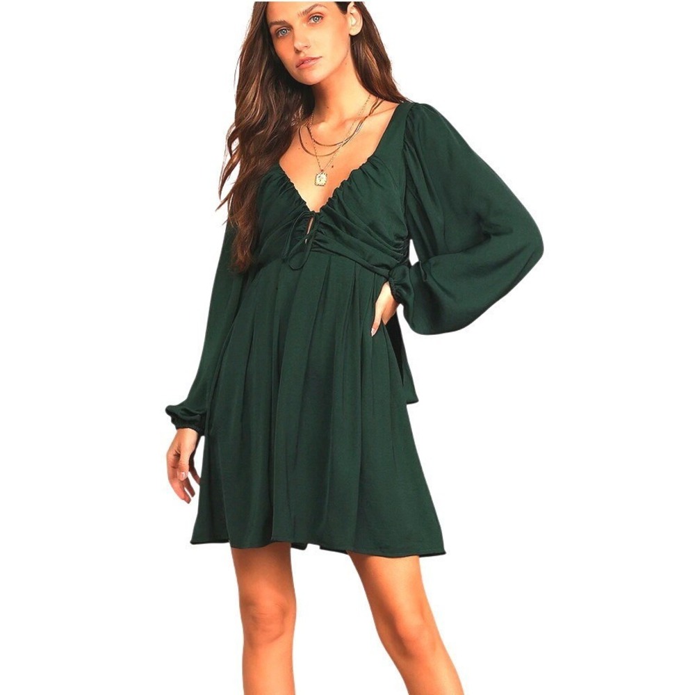 Lulus Forever Tied To You Emerald Green‎ Satin Babydoll Tie-Back Mini Dress (S)